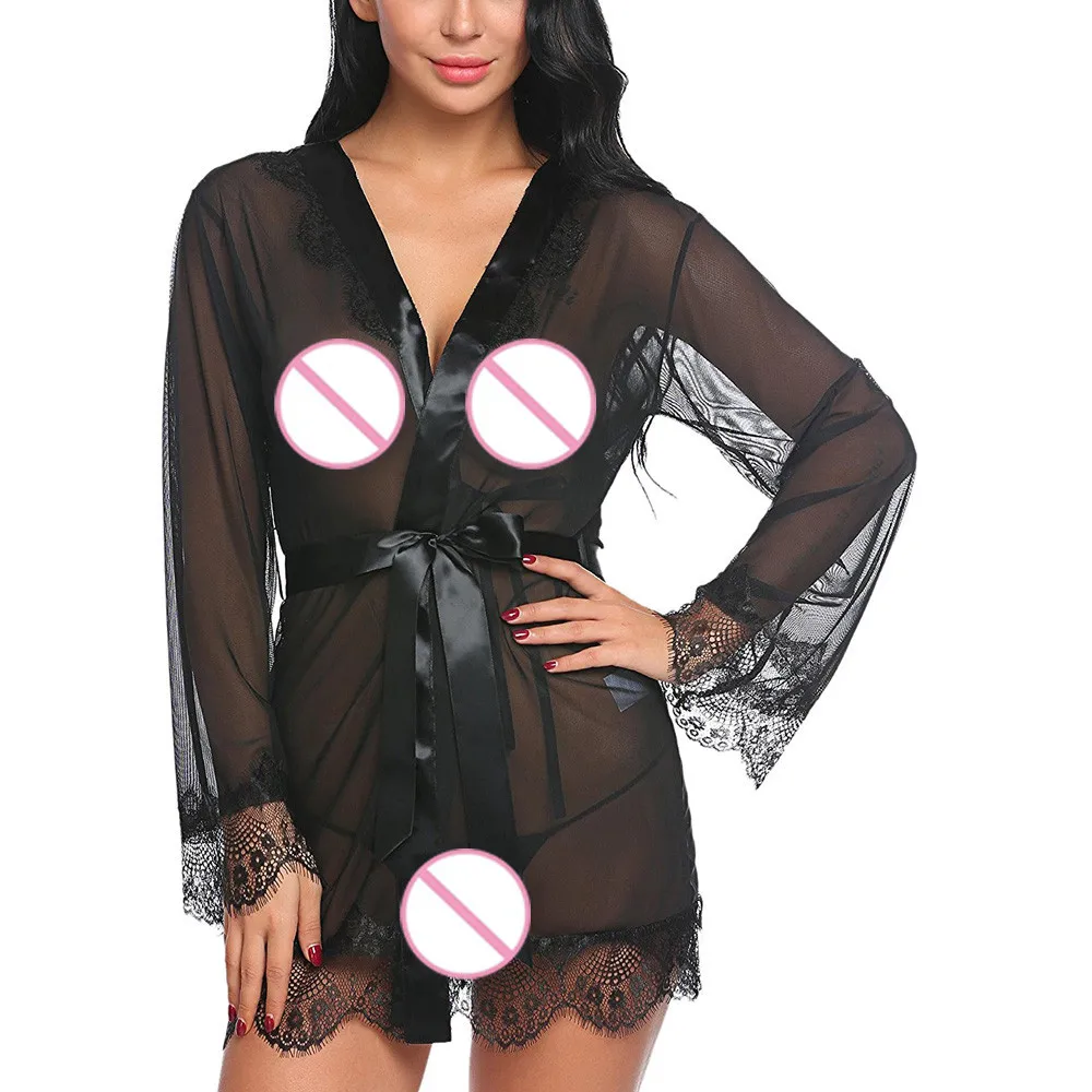 Сексуальная женская ночная рубашка, ночная рубашка с длинным рукавом и v-образным вырезом, ночные рубашки, цельное кружевное Прозрачное платье, кардиган, одежда для сна, нижнее белье