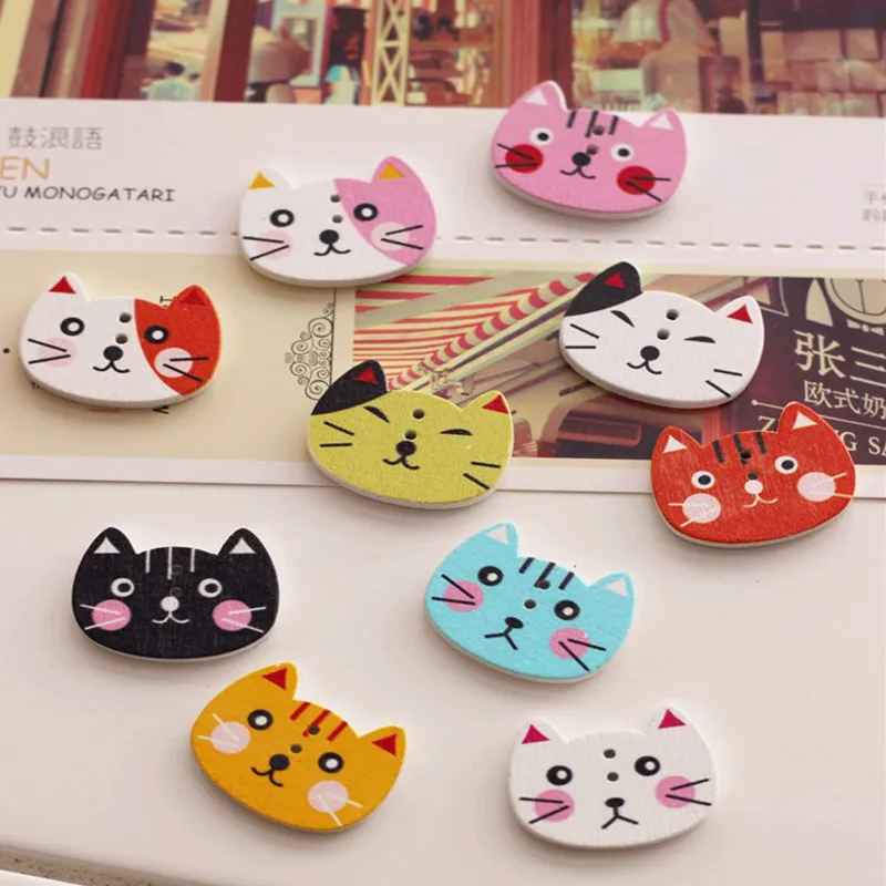

10 PCs Wood Sewing Button Scrapbooking Cat At Random 2 Holes 25mm x 20mm