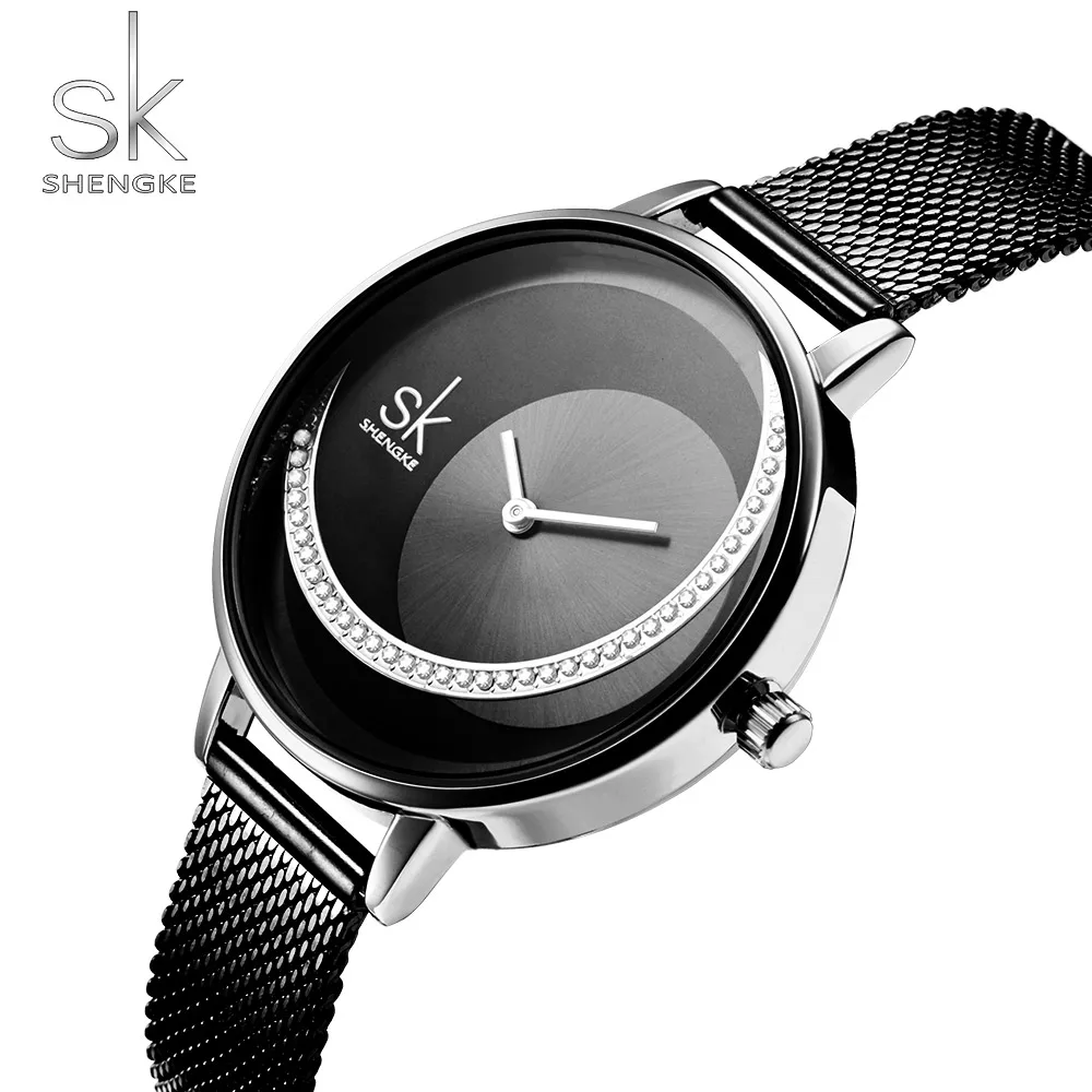 SHENGKE Brand Women Watch Creative Rhinestone Cool Black Stainless Quartz Watches Lady's Fashion Casual Waterproof Gift Clock