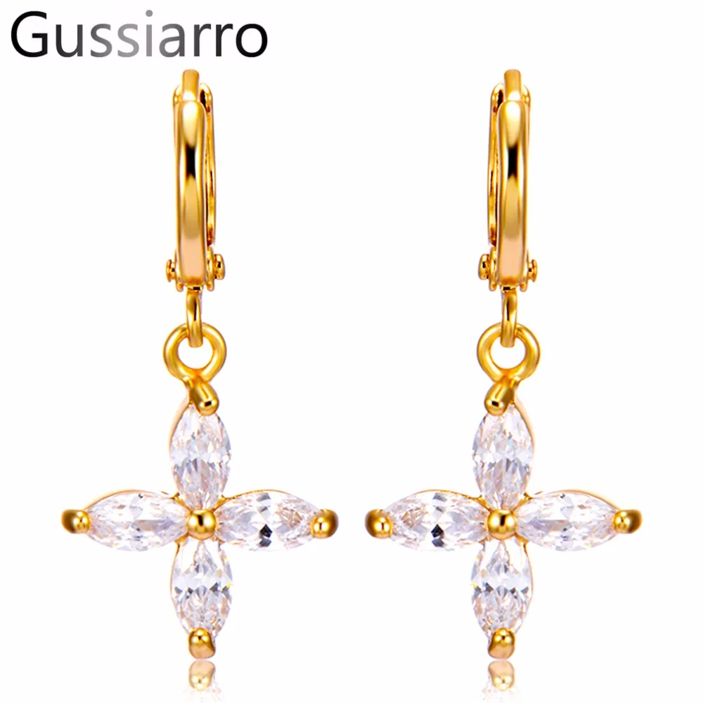 

Gussiarro Flower Trendy Dangle Yellow Gold-Color Color Clear Cubic Zirconia Stone Drop Earrings Women Jewelry Gift Free