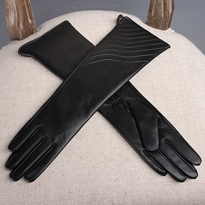 Gours женские перчатки из натуральной кожи Зимний, теплый, полосатый, черный овчина длинные перчатки для сенсорного экрана модные варежки Новинка GSL081 - Цвет: Black