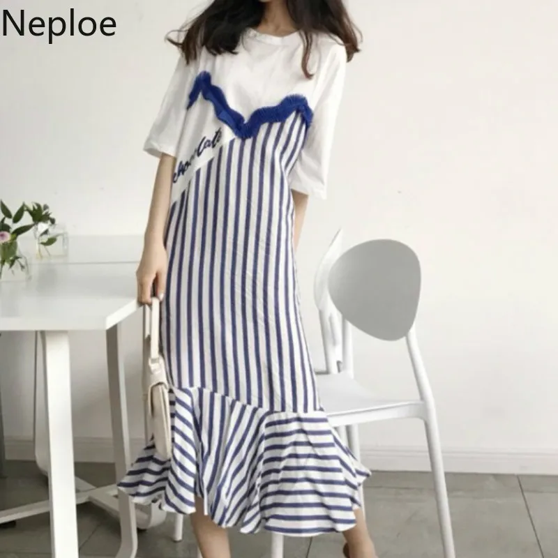 

Neploe Striped Patchwork Women Dress Summer 2019 Casual O-Neck Half Sleeve Vestidos Korean Loose Ruffles High Waist Robe 44355