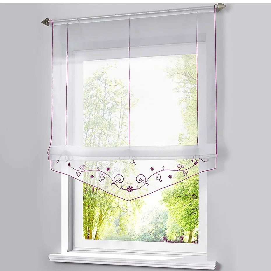 Римская занавеска с цветочным принтом, прозрачная занавеска для окна для кухни, гостиной, прозрачная панель из вуали, 1 шт./лот, с ленточным ремнем