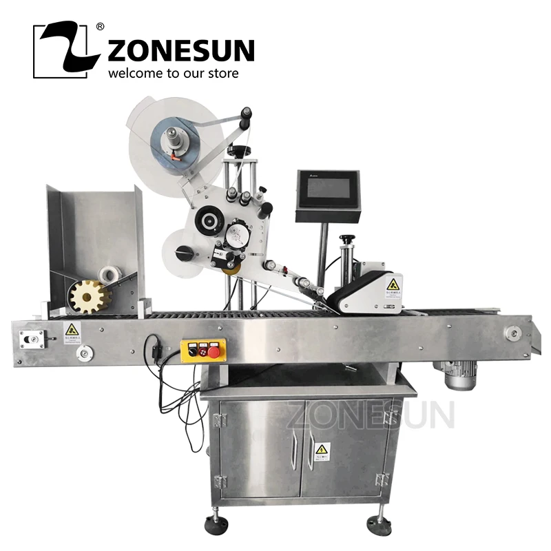 

ZONESUN Automatic Flat Square Bottle Bag Pen Pencil Cigar Horizontal Adhesive Tape Sticker Packing Labeling Machine