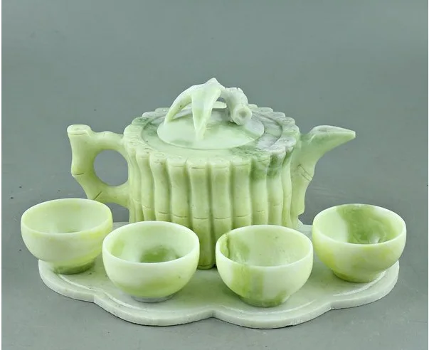 Jade teapot wine set Natural Lantian jade festival high rise tea set Delivery gift box jade crafts