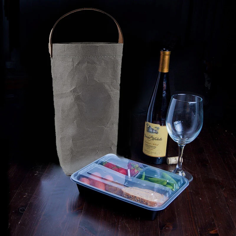 Сумка для вина в скандинавском стиле, многоразовые бумажные сумки для вина с кожаной ручкой, сумка для бутылки шампанского, моющиеся сумки из крафт-бумаги