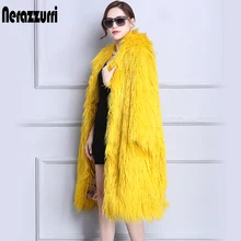 Nerazzurri пальто из искусственного меха зимнее женское с капюшоном длинное желтое меховое пальто из искусственного меха объемная свободная пушистая верхняя одежда