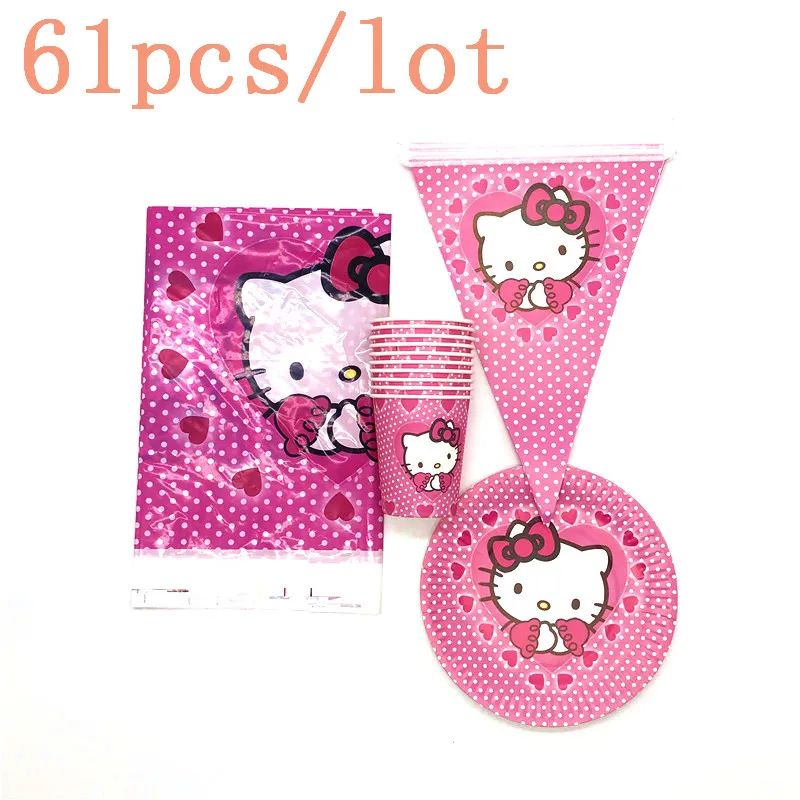 

61Pcs/Lot Hello Kitty Theme Disposable Paper Cups Plates Tablecloths Baby Shower Birthday Disposable Party Tableware Supplies