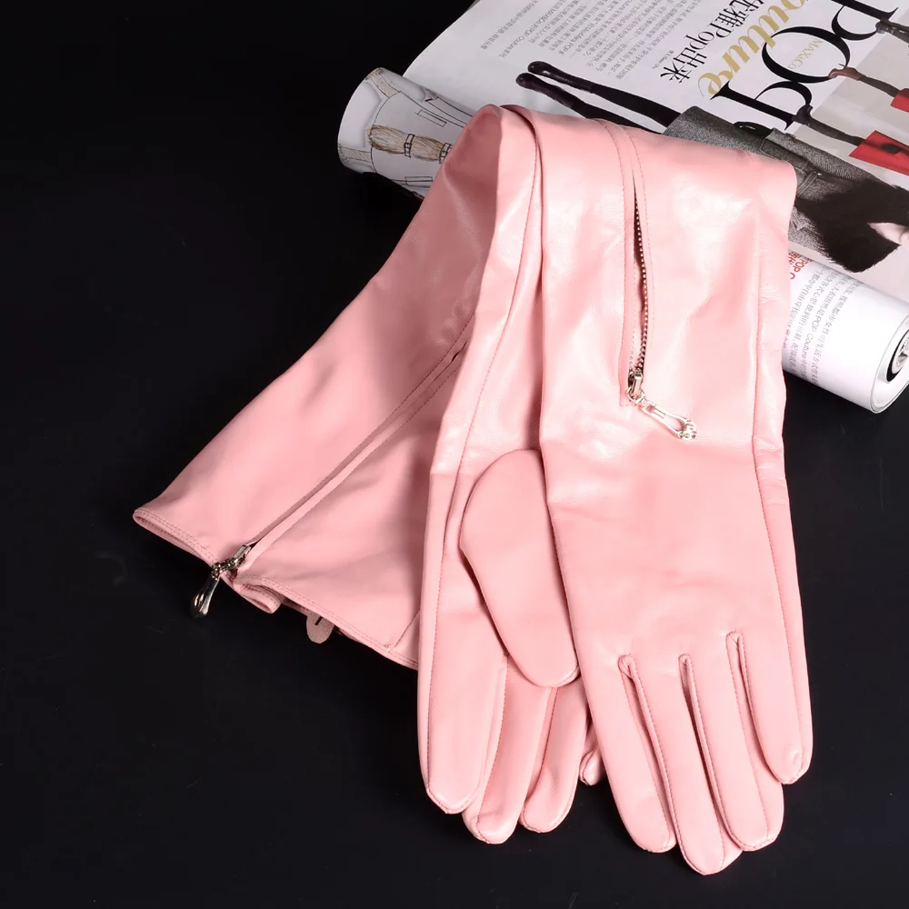 Trudy Zipper Long Arm Leather Gloves Pink Pritzy