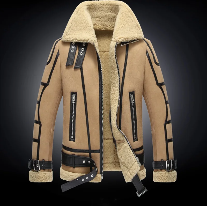 Зимняя Мужская модная байкерская куртка из овечьего меха - Цвет: CAMEL