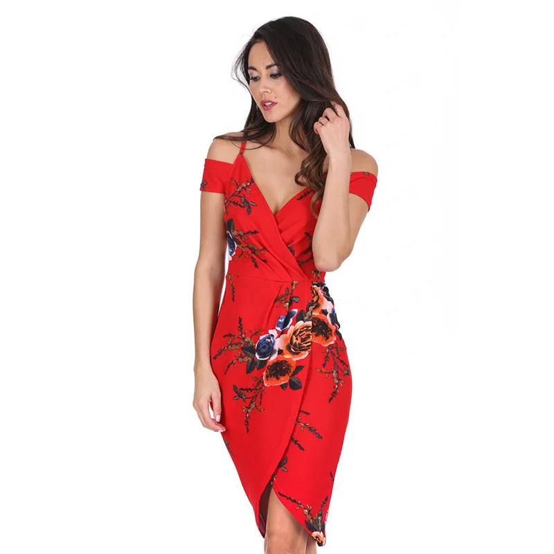 

Fashion Summer Style Dress 2019 Casual Asymmetrical Print Knee-Length Dress Deep V-Neck Sexy Slim Elegant Women Dresses Vestidos