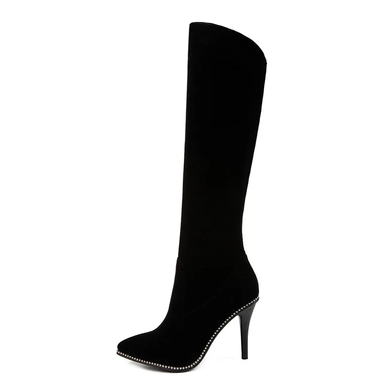 Pointu Élégantes Stiletto Dames De Grande Haut Femmes Haute Bottes Hiver Mode Noir Bout Automne Taille Asumer Genou Talons Hp8ZB8