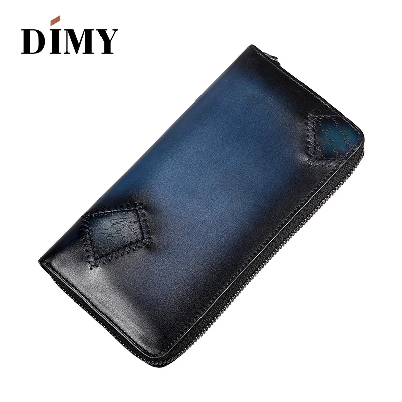 

DIMY 2018 Men Wallet Genuine Leather Blue Handmade Zipper Long Male Purses Casual European and American Style in Men's Wallets