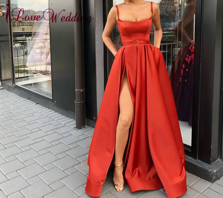 

Robe de soiree 2019 Red Evening Dress A Line Custom made High Split Floor Length Formal Long Evening Dresses Party Gown