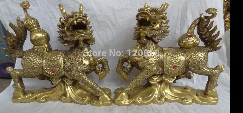 

13" China Brass FengShui Fu Gourd RuYi BiXie Protect Dragon Kylin Statue Pair