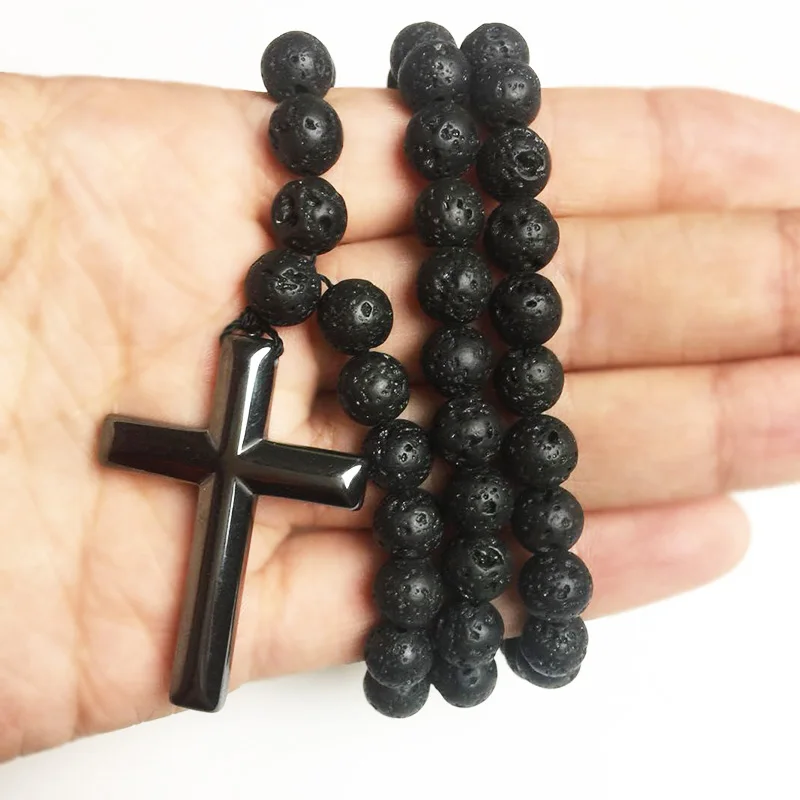 Трендовое украшение четки унисекс, черный болканский камень лавы с подвеской из гематита крест, винтажное мужское ожерелье