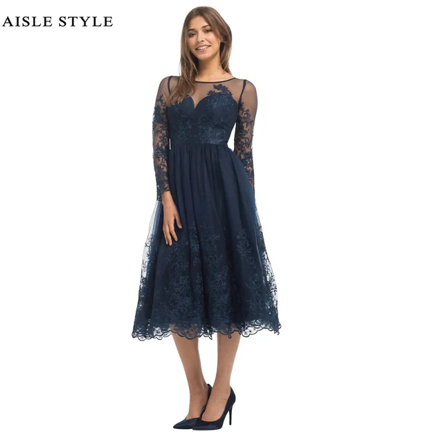 Best Navy Blue Vintage Lace Bridesmaid Dresses Tea Length Illusion Best Navy Blue Vintage Lace Bridesmaid Dresses Tea Length Illusion Neck Short Modern Dress With