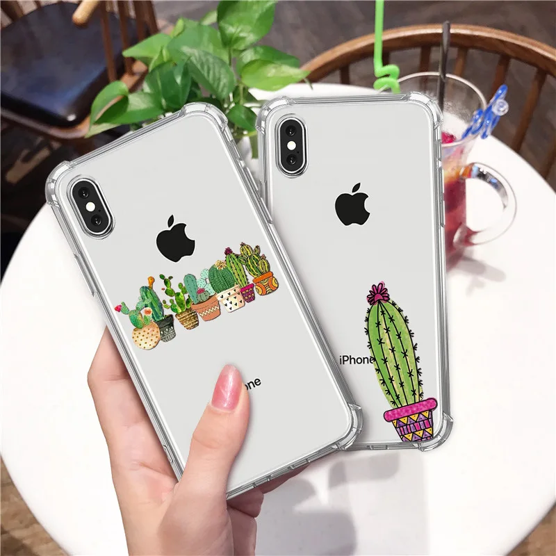 

Funny Cactus Shockproof Bumper Transparent Phone Case For iPhone X XR XS Max Cute Soft TPU Clear Cover For iPhone 8 7 6 6S Plus