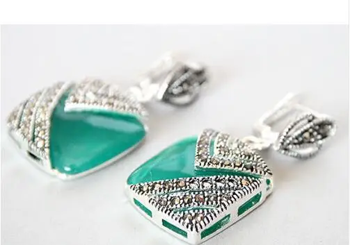 FREE SHIPPING Natural Green Opal Cat Eye Stone 925 Silver &amp Marcasite Earrings 1&quot | Украшения и аксессуары