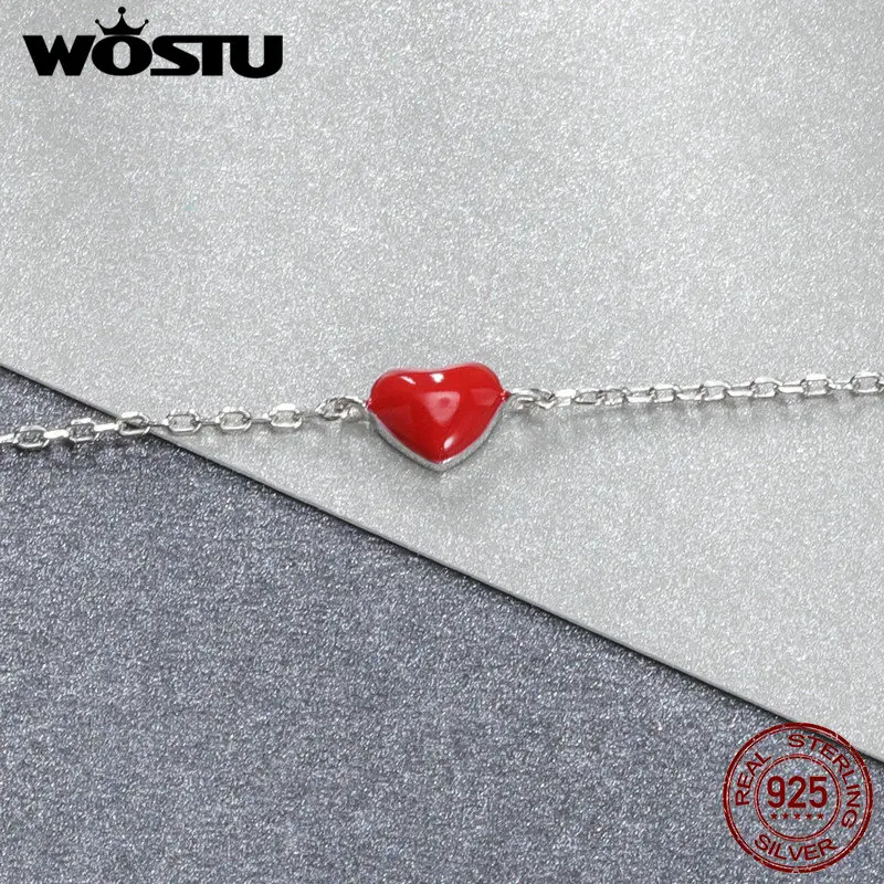 WOSTU Настоящее серебро 925 пробы модный эмалевый браслет с красным сердцем для