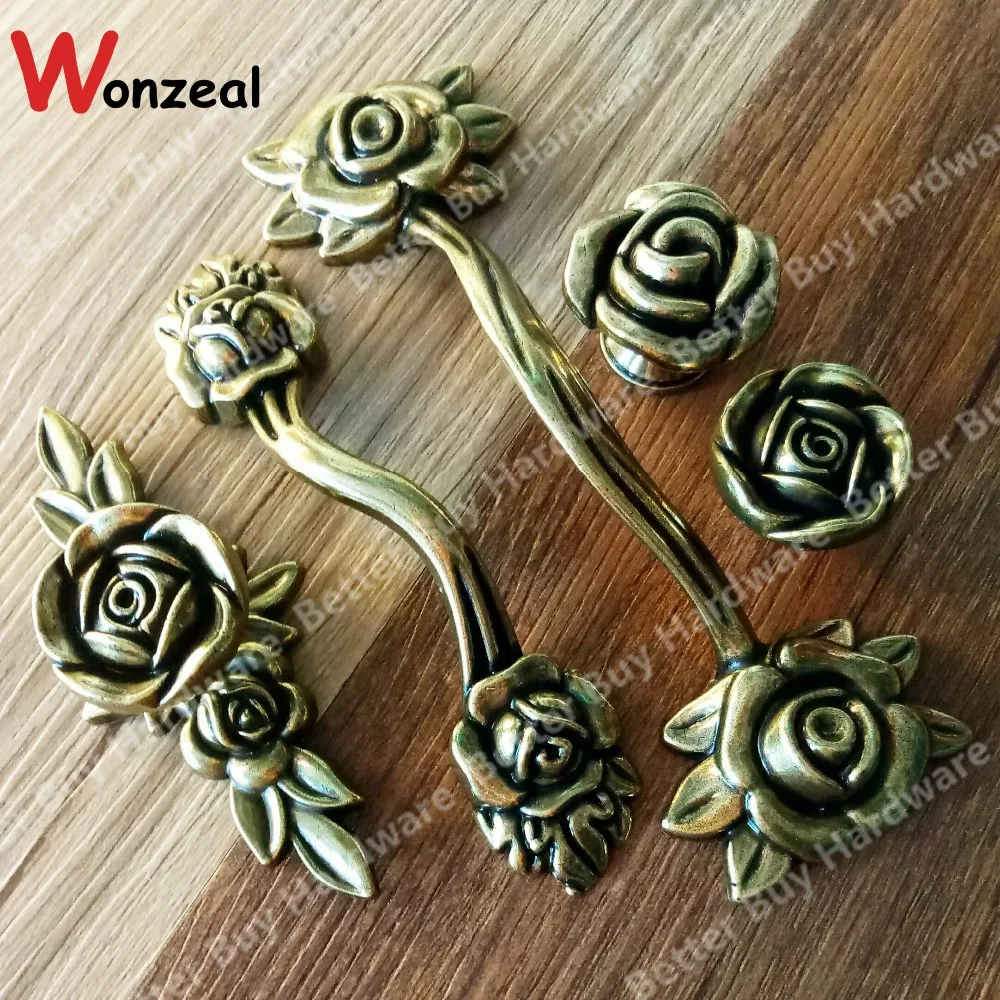 Hole C:C:96mm/128mm antique brass Rose Knob European Vintage Cabinet Drawer knobs Closet Furniture handles Pull Hole C:C:96mm/128mm antique brass Rose Knob European Vintage Cabinet Drawer knobs Closet Furniture handles Pull