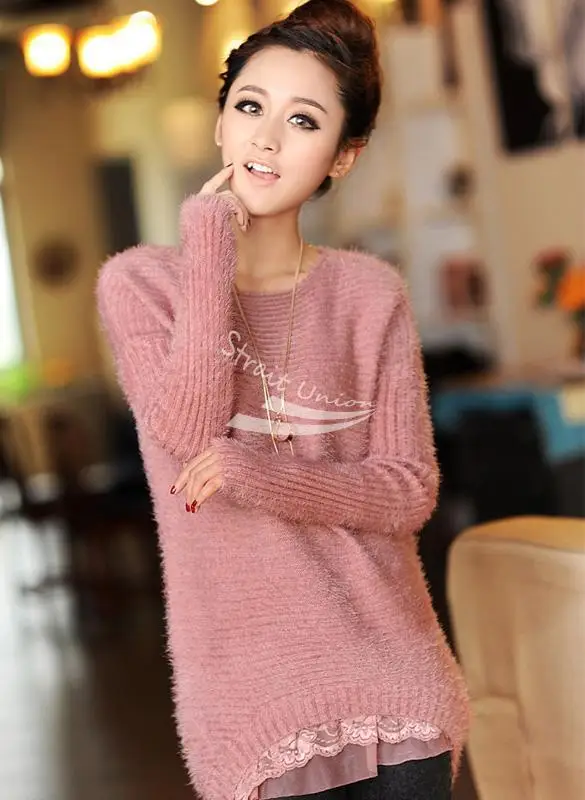 2015 Cardigan Women Sweaters And Pullovers O-neck New Women's Sweet Lace Detail Hem Long Sleeve Knitted Sweater Top 4 Colors | Женская