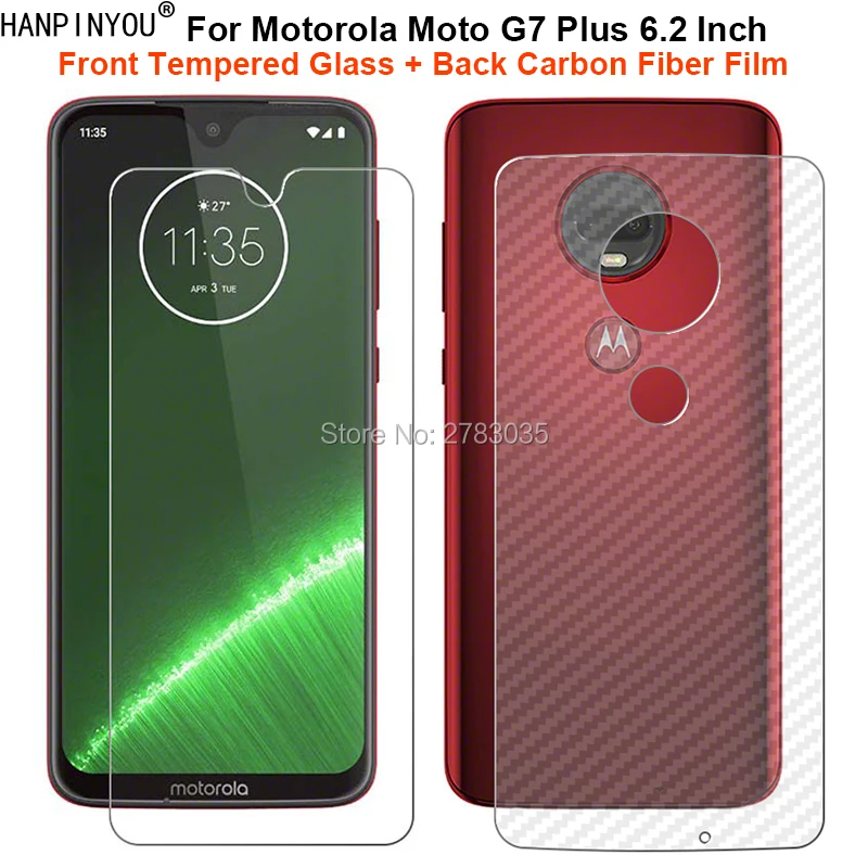 

For Motorola Moto G7+ Plus 1 Set = Soft Back Carbon Fiber Film + Ultra Thin Clear Premium Tempered Glass Front Screen Protector