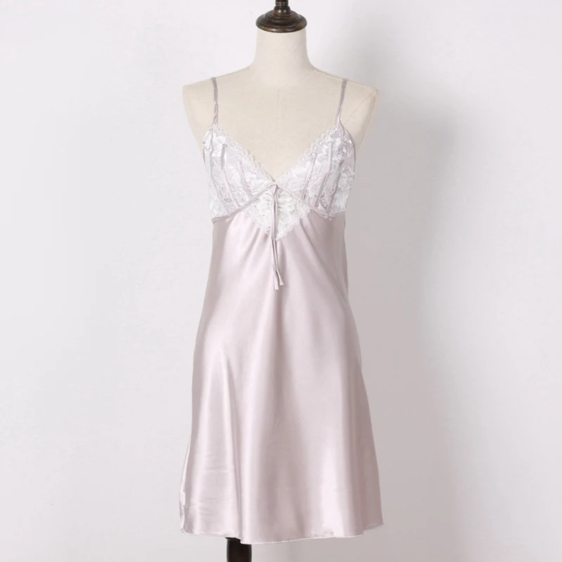 Глубокий V Тонкий Спагетти ремень платье кружева лоскутное имитированный шелк ночные рубашки для женщин Ночная рубашка сексуальная одежда для сна - Цвет: light grey