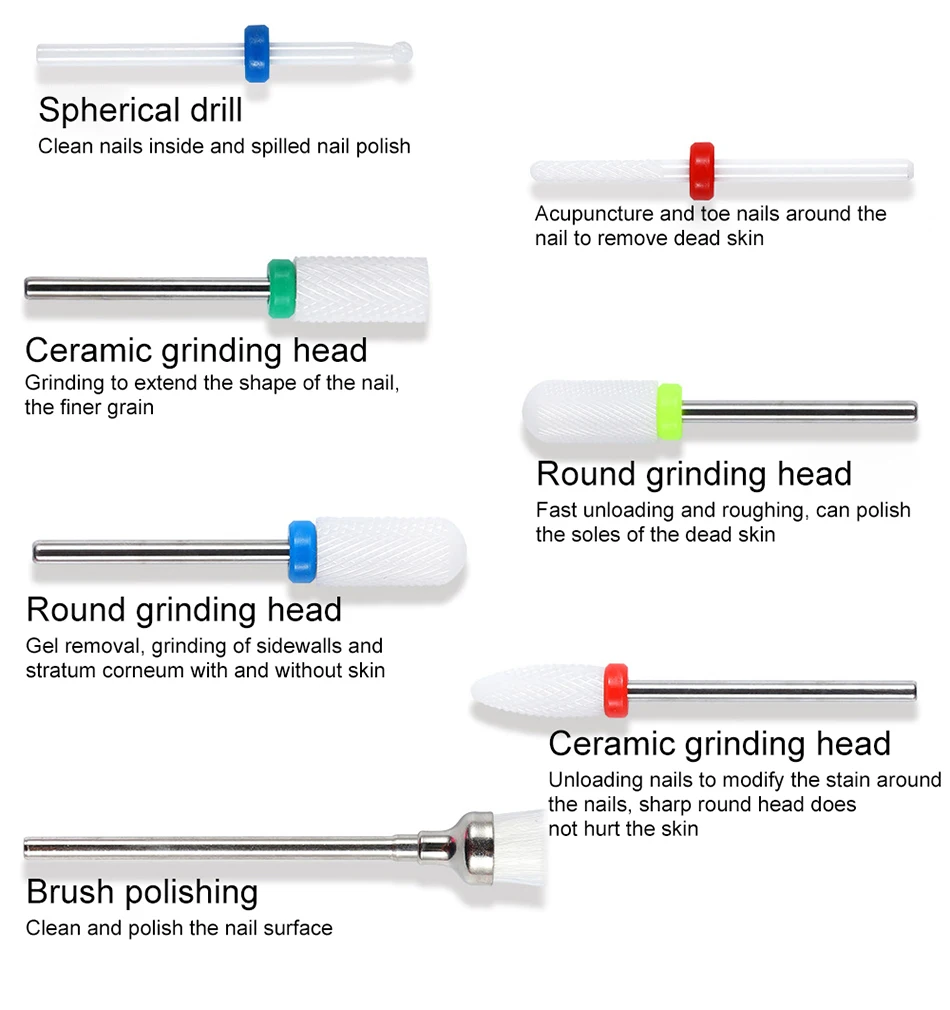 7 типов керамический сверло для ногтей, маникюрный аппарат, аксессуары, вращающиеся электрические пилки для ногтей, маникюрный резак, фрезерные инструменты для ногтей