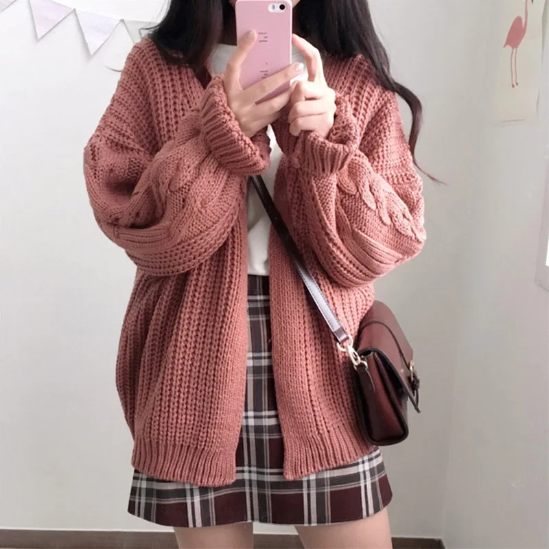 

2019 New Spring autumn Coarse Knitted Sweater Fashion Long sleeve Vintage College Wind Single-breasted Jacket Female cc585