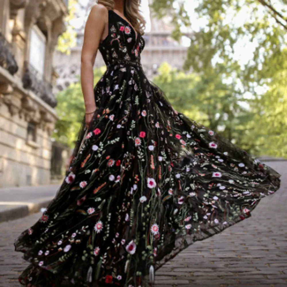 

Women Sexy V-Neck Print Lace Back Hollow Long Cocktail Party Elegant Dress