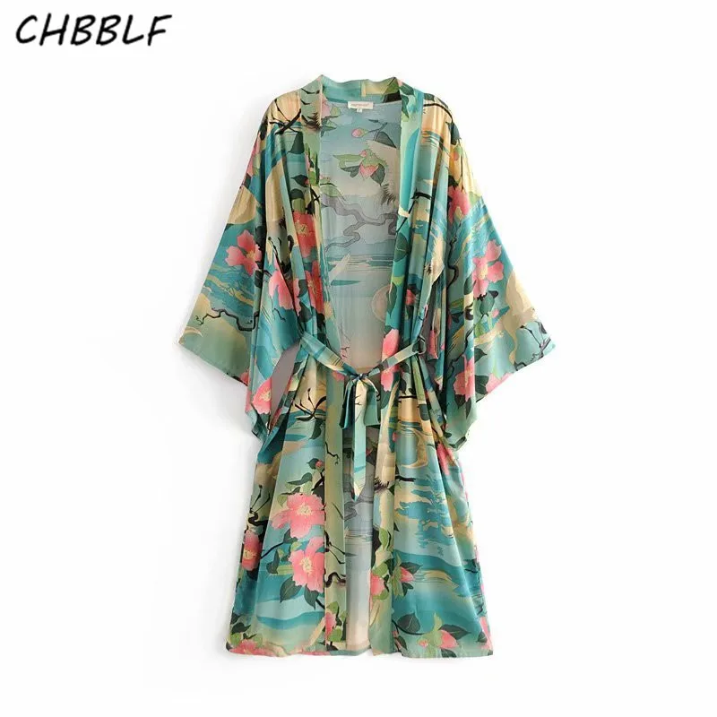 

CHBBLF stylish floral loose long kimono coat oversized bow tie sashes long sleeve outerwear ladies casual chic top DFJ8175