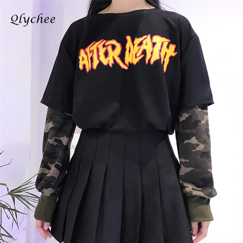 Qlychee Camouflage Patchwork Long Sleeve Women Sweatshirt Casual Streetwear Letter Print Punk Style Hoodies Female Sweatshirts Hoodies