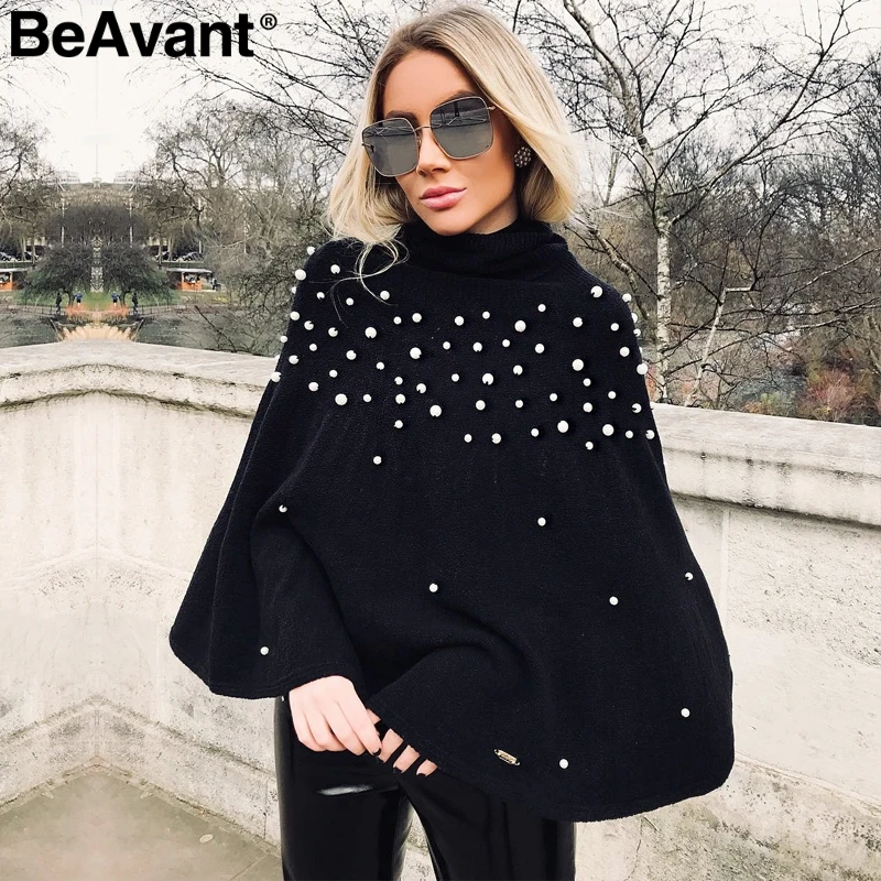 BeAvant Turtleneck knitted winter sweater women knit Loose pullover jumper pull femme 2018 Pearl beaded oversized sweater cape