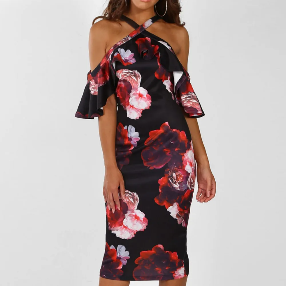 Summer Sexy Dress Women Print Cross Off Shoulder Cold Shouder Dresses Evening Party Dress Sundress Robe Sexy #Y30