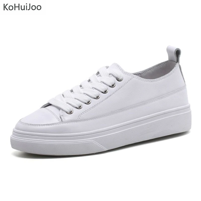 

KoHuiJoo 2018 Spring New Designer Genuine Leather Women Flat Shoes Round Toe Wedges White Vulcanize Shoes Women Sneakers Female