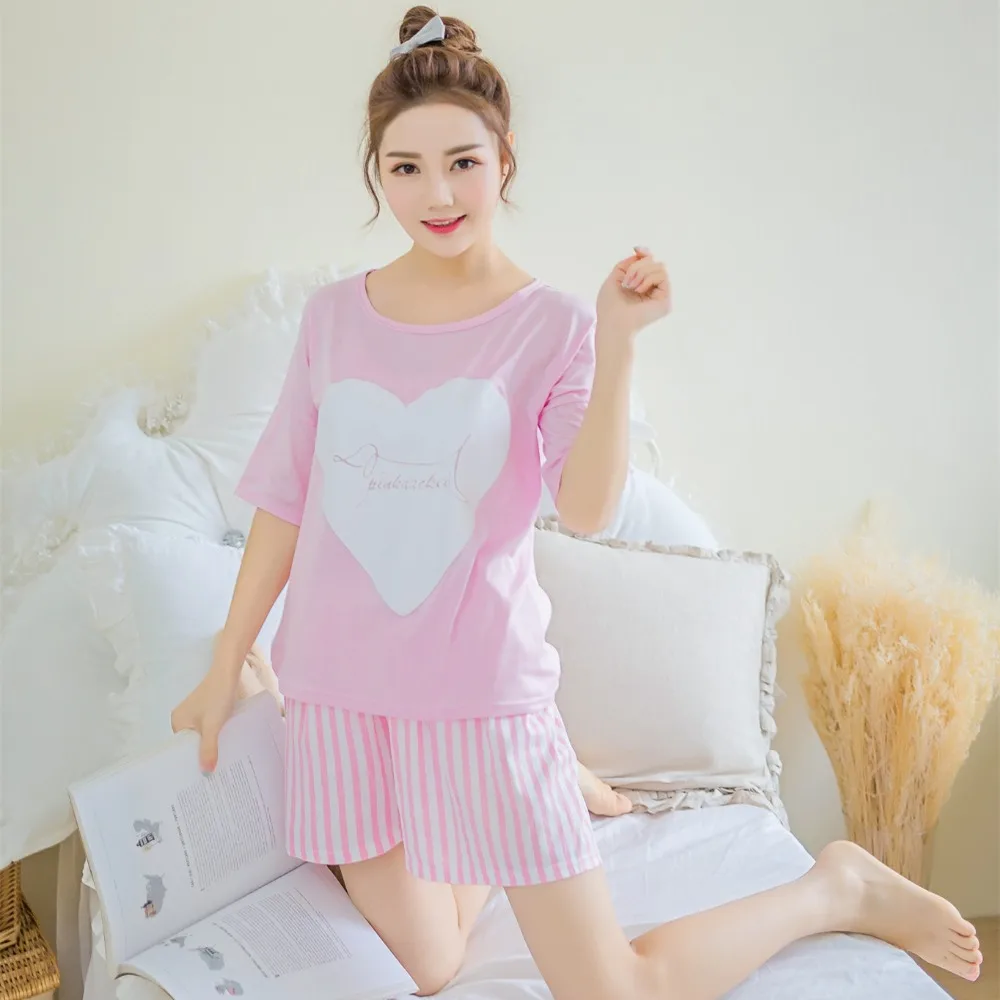 

Heart Print Cute Sleepwear Girl Pijamas Mujer Leisure Nightgown New Women Pajamas Sets Summer Short Sleeve Thin Cartoon