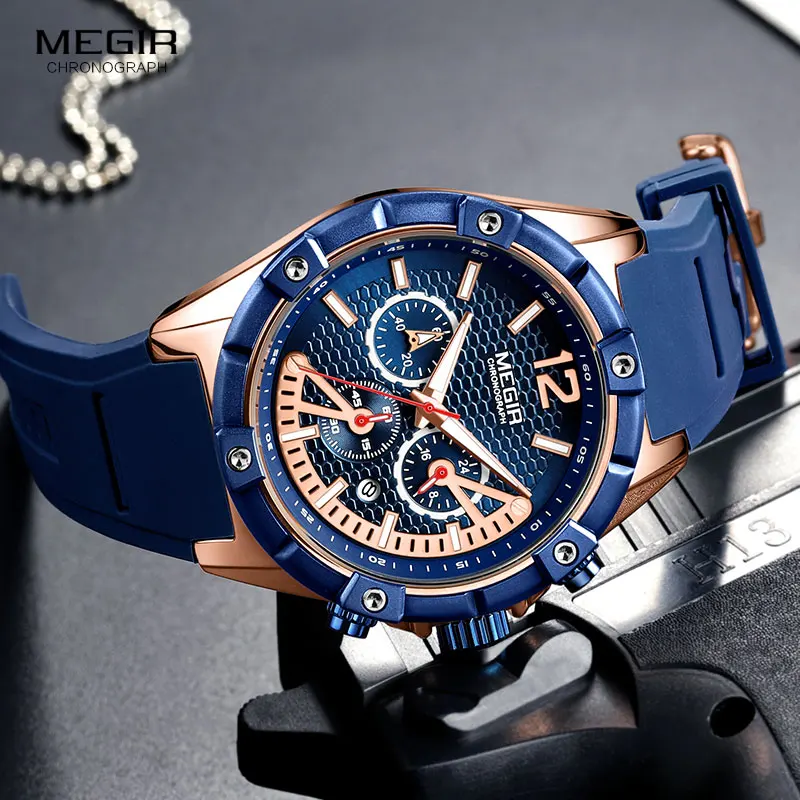 Billig MEGIR männer Sport Chronograph Quarz Handgelenk Uhren Armee Silikon Wasserdichte Stoppuhr Relojios Masculinos Mann ClockMN2083 2N0