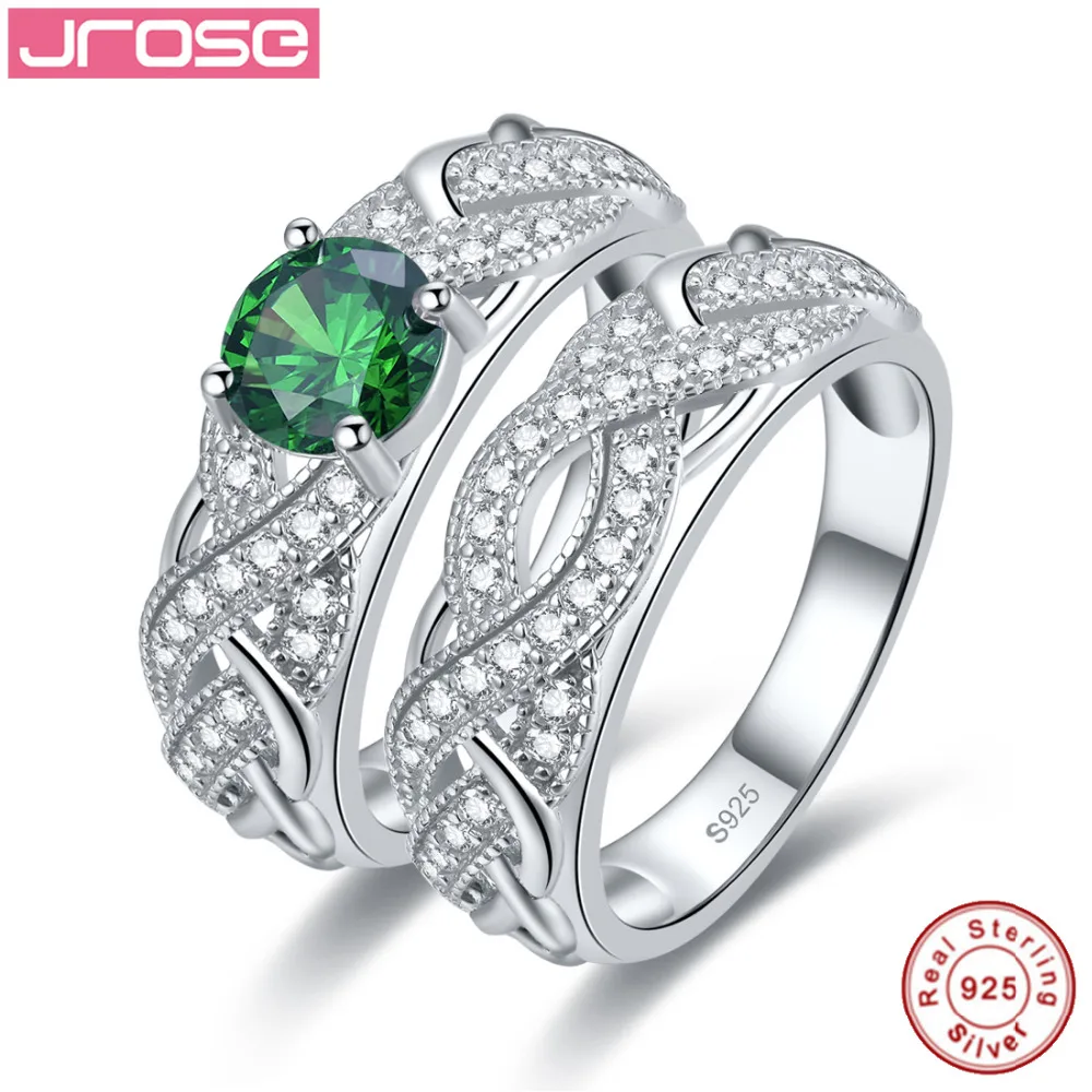 

Jrose High Quality Green White CZ Solid Real Sterling Silver Jewelry 2-Pcs Couple Rings Wedding Engagement 925 Silver Ring Set