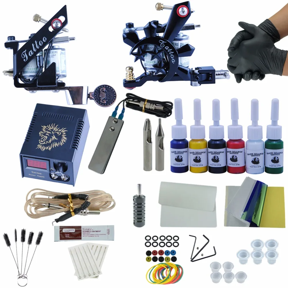 Complete Tattoo Kit Permanent Makeup Tattoo 2 Machine Kits 6 Colors Ink