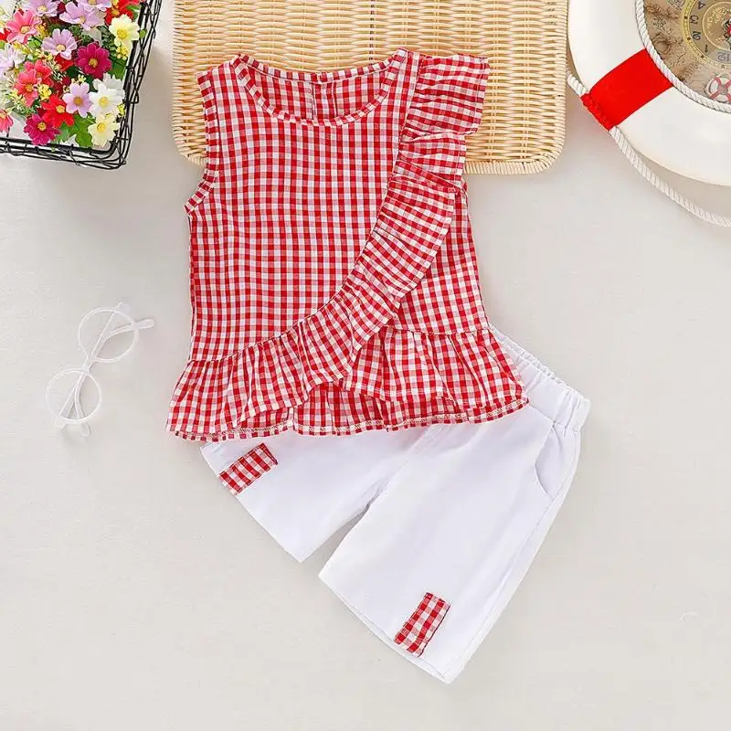 

2pcs Girls Kids Plaid Print O-neck Ruffle Sleeveless Tops + Summer Shorts Girls Clothes