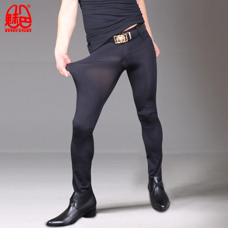 Мужские шелковые Полупроницаемые высокоэластичные ультратонкие облегающие зауженные брюки летние ультратонкие Полупроницаемые Шелковистые брюки для ног