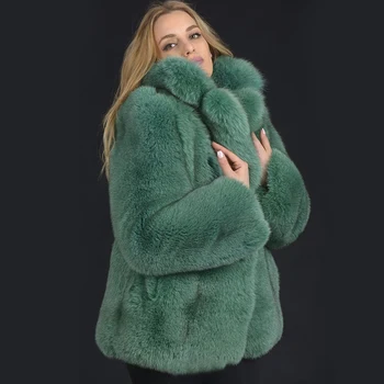 

2019 BFFUR Women Real Fox Fur Coat Whole Skin Turn Down Collar Thick Coats Female Luxurious Jacket Solid Green Park With Fur