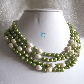 

66" 5-9mm White Green Baroque Rice Freshwater Pearl Necklace