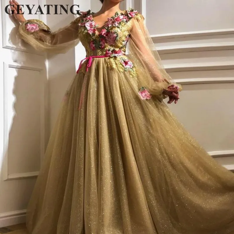 Блестящее Тюлевое Золотое платье с блестками для выпускного вечера с длинными рукавами и v-образным вырезом, арабское вечернее платье с вышивкой, элегантное женское вечернее платье - Цвет: Золотой