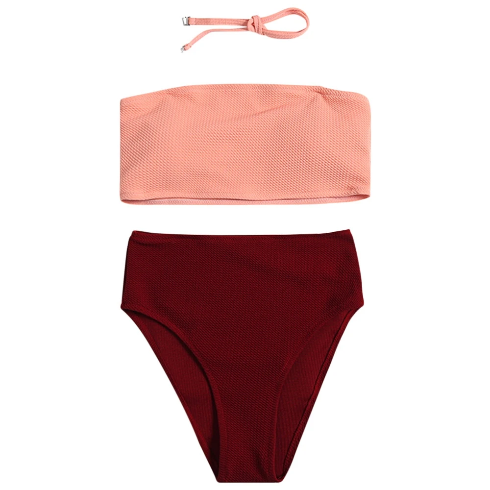 

Strapless Halter Neck Padded Backless Color Blocking High Waist Women Bikini Set