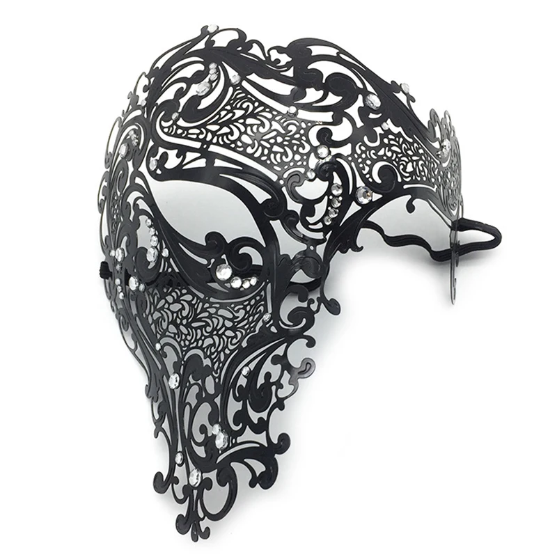Черная золотая металлическая маска с черепом на Хэллоуин со стразами, венецианская Маскарадная маска на половину лица для мужчин и женщин, филигранная маска с черепом для вечеринки DA - Цвет: Черный