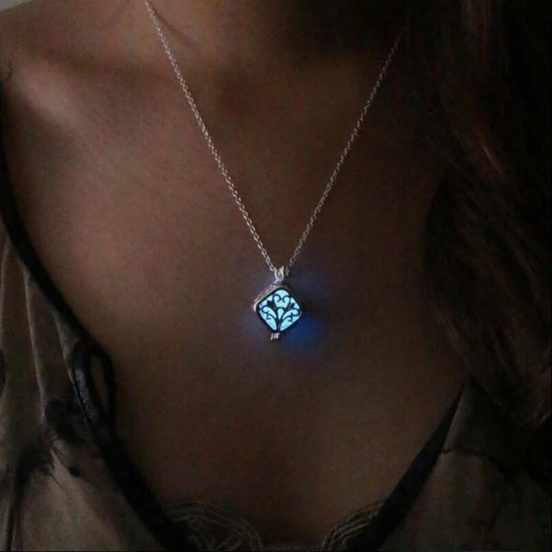 

Glow In The Dark Necklace Square Necklaces For Woman Hollow Pendant Night Fluorescence Light Accessories