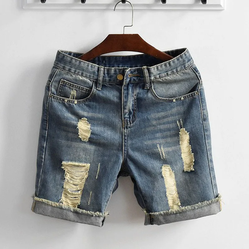 Summer Hole Ripped Big Boy Denim Shorts Classic Washed Knee Length