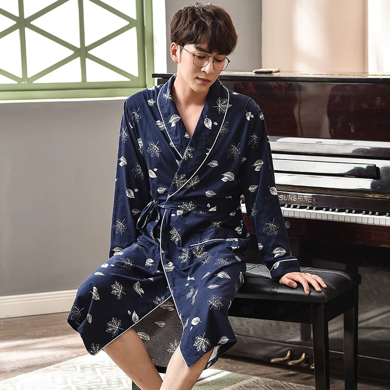 

J&Q Cotton Bathrobes Male Leisure Home Wear Brand Pajamas Bathrobe Cotton Nightgown Mens Summer Robe Mens Cotton Dressing Gown